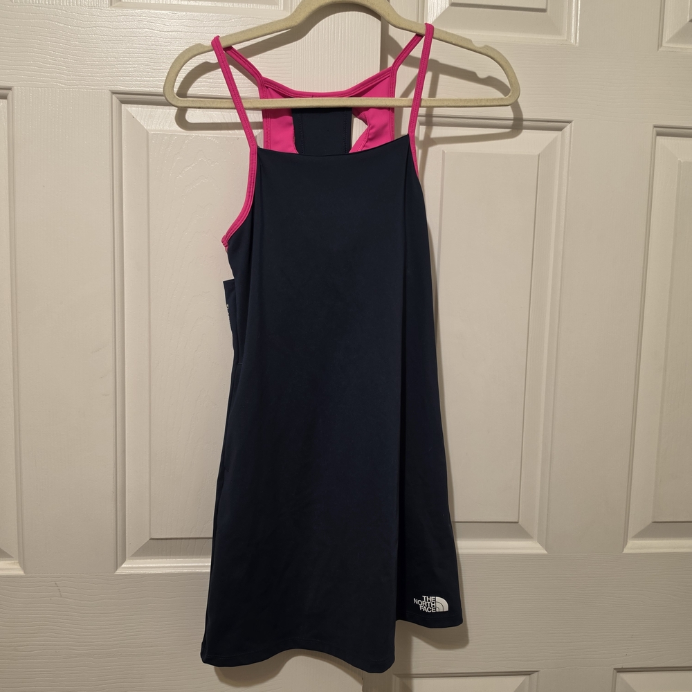 North Face Girls Athletic Hiking Dress Size L (12) Navy Pink Pockets Stretch EUC